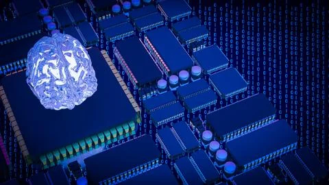 Artificial Intelligence Brain on Microchip Data Network 3d render. Stock Illustration