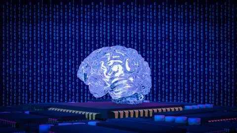 Artificial Intelligence Brain on Microchip Data Network 3d render. Stock Illustration