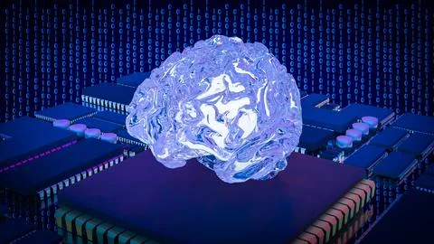 Artificial Intelligence Brain on Microchip Data Network 3d render. Stock Illustration