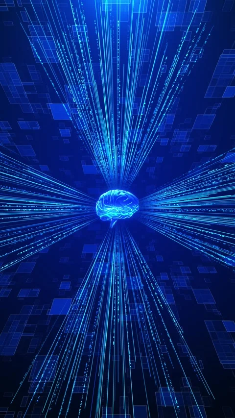 Artificial intelligence brain network blue data beams, glowing neural core Stock Footage 334124824