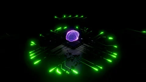 Artificial intelligence brain processing data on a motherboard. 3d animation Stock Footage 346373281