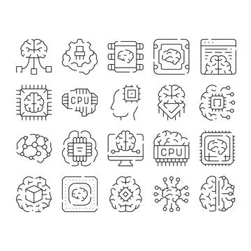 Artificial intelligence brain technology neural network icons set Stock Illustration