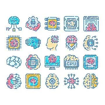 Artificial intelligence brain technology processing data icons Stock Illustration
