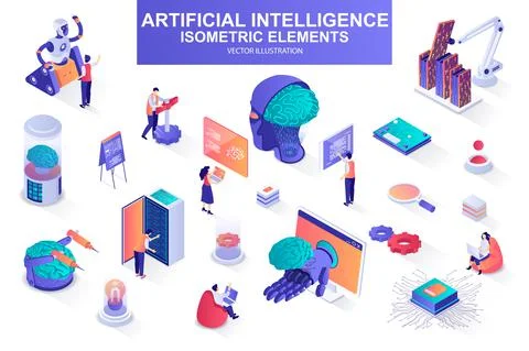 Artificial intelligence bundle of isometric elements. Stock Illustration