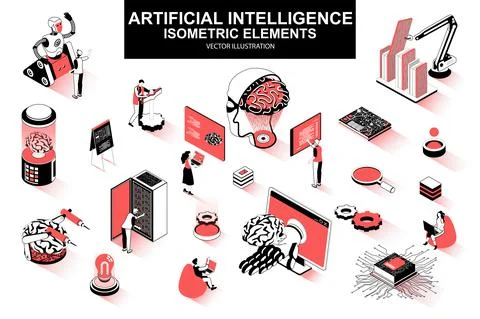 Artificial intelligence bundle of isometric elements. Electronic brain, cyborg Stock Illustration
