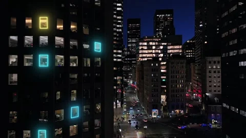 Artificial Intelligence Business Analytics Visualization on City Office Stock Footage 320247582
