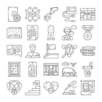 Artificial intelligence business and education line icons set Stock Illustration