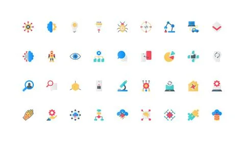 Artificial intelligence, business and science development with AI color icon set Stock Illustration