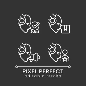 Artificial intelligence in business white linear icons set for dark theme Stockillustratie