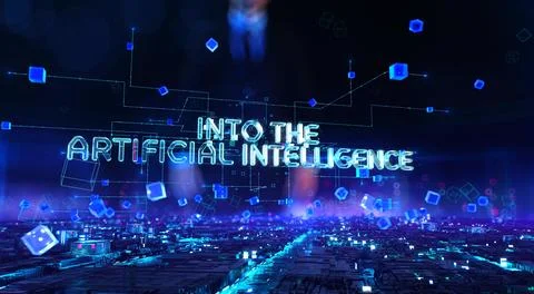 Into The Artificial Intelligence - businessman touching with augmented virtual Stock Photos