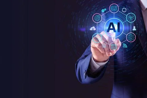 Artificial intelligence. Businessman using virtual screen with icons and AI.. Stock Photos