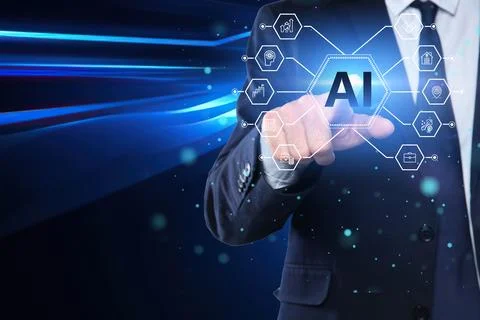 Artificial intelligence. Businessman using virtual screen with icons and AI.. Stock Photos