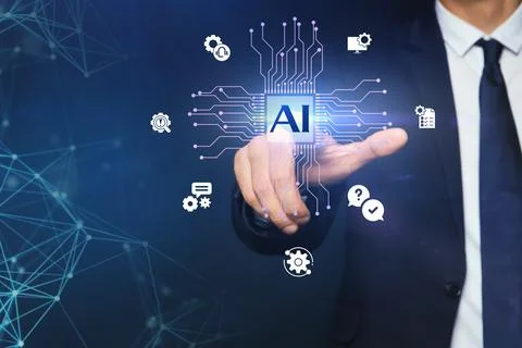 Artificial intelligence. Businessman using virtual screen with icons and AI.. Stock Photos