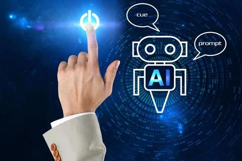 Artificial intelligence. Businessman using virtual screen with robot image .. Stock Photos