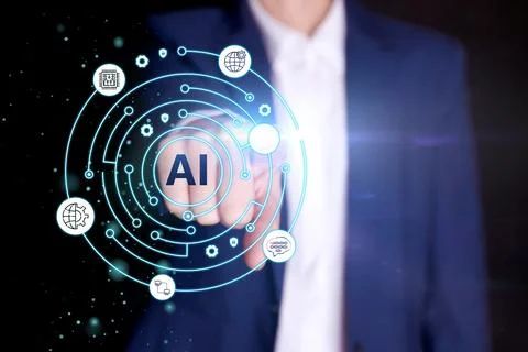 Artificial intelligence. Businessman using virtual screen with icons and AI.. Stock Photos