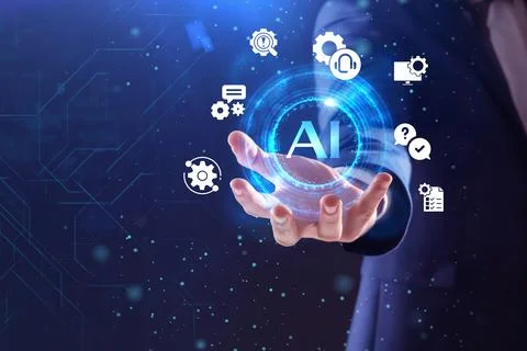 Artificial intelligence. Businessman using virtual screen with icons and AI.. Stock Photos