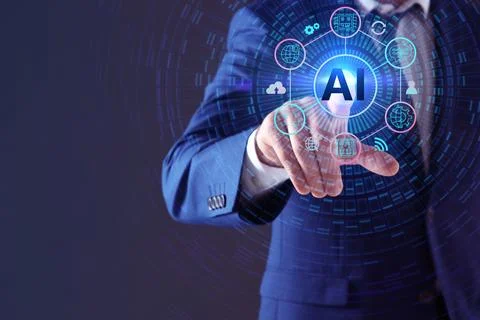 Artificial intelligence. Businessman using virtual screen with icons and AI.. Stock Photos