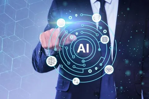 Artificial intelligence. Businessman using virtual screen against light bac.. Foto stock