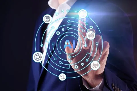 Artificial intelligence. Businessman using virtual screen with icons and AI.. Stock Photos