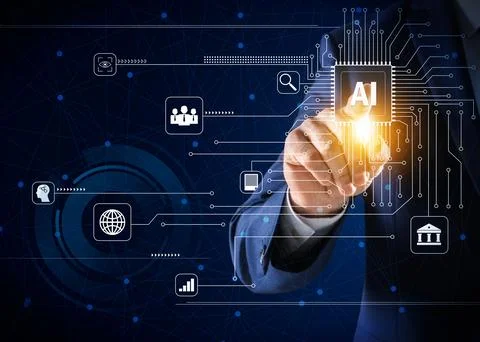 Artificial intelligence. Businessman using virtual screen with circuit boar.. Foto stock