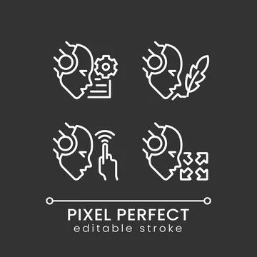 Artificial intelligence capabilities white linear icons set for dark theme Stockillustratie