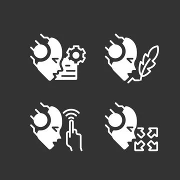 Artificial intelligence capabilities white linear glyph icons set for night mode 스톡 일러스트