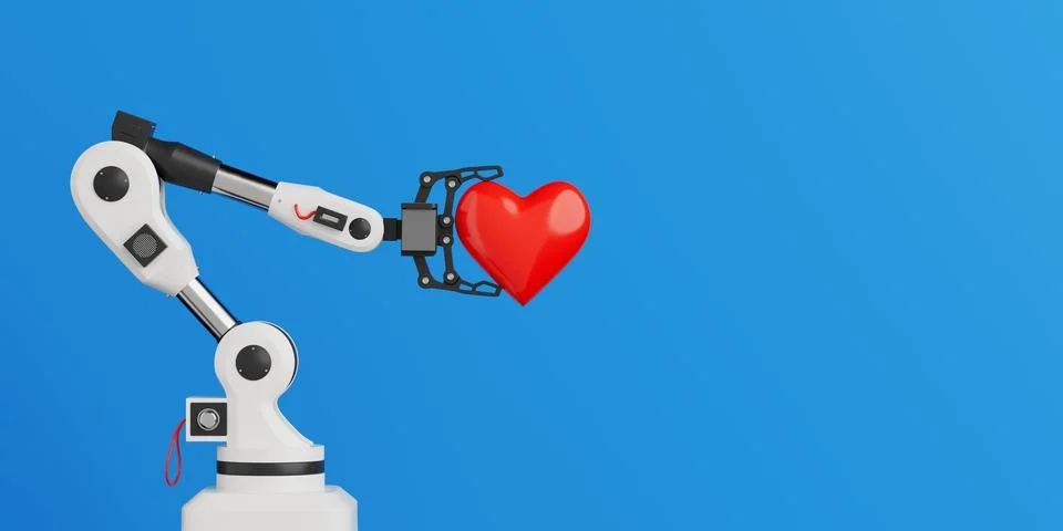 Artificial Intelligence Care Concept. Robotic Arm Holding Red Heart. 3d Ren.. Stock Illustration