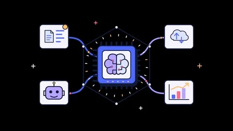 Artificial intelligence central processing unit connected to data icons clo.. Stock Footage 348217146