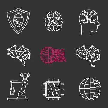 Artificial intelligence chalk icons set 스톡 일러스트