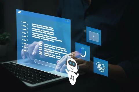 Artificial intelligence chat AI robots research for video content write rep.. Foto stock