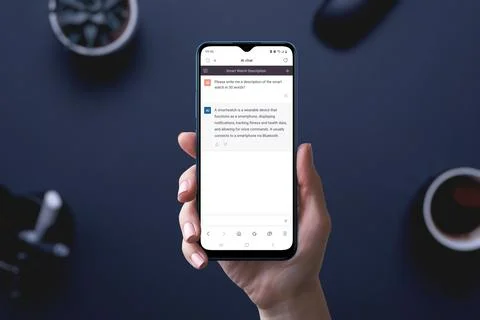 Artificial intelligence chat app on phone display in hand.  User asks the AI  Stock Photos