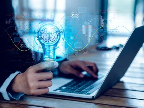 Artificial intelligence chat bot technology concept. Glow digital light bul.. Stock Photos