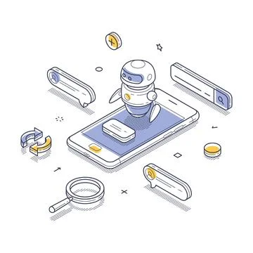 Artificial intelligence chatbot AI bot mobile app concept isometric line vect Stock Illustration