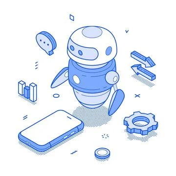 Artificial intelligence chatbot assistance smartphone application isometric.. Stock Illustration