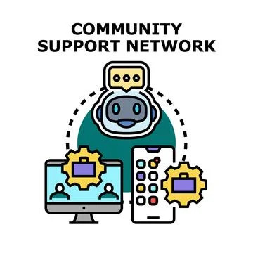 Artificial intelligence chatbot bridging community support network Stock Illustration