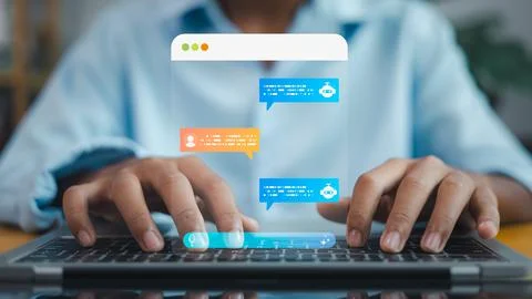 Artificial intelligence chatbot conversation on laptop computer, AI assista.. Stock Photos