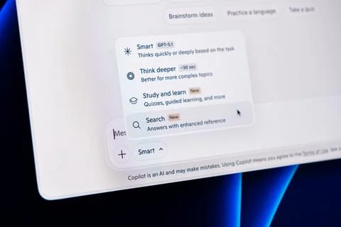 Artificial intelligence chatbot interface showing model selection menus on a Stock Photos