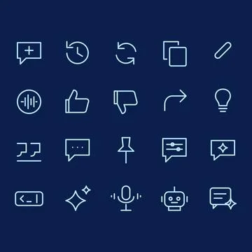 Artificial intelligence chatbot line icon set of 20 vector symbols with speech Stock Illustration