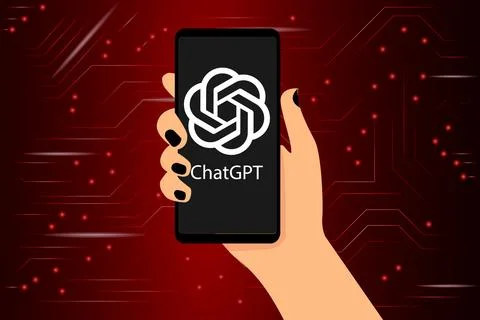 Artificial intelligence chatbot logo ChatGPT. Hand holding smartphone Ilustração Stock