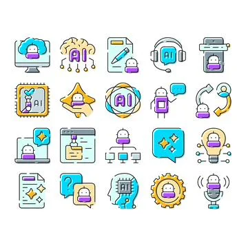 Artificial intelligence chatbot robot learning technology icons Illustration