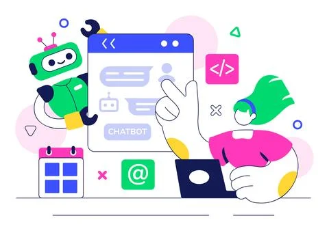 Artificial Intelligence Chatbot Service Illustration Featuring an AI and In.. Stock Illustration