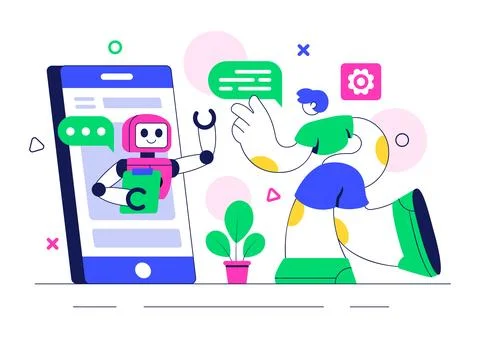 Artificial Intelligence Chatbot Service Illustration Featuring an AI and In.. Stock Illustration