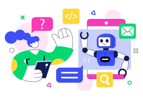 Artificial Intelligence Chatbot Service Illustration Featuring an AI and In.. Stock Illustration