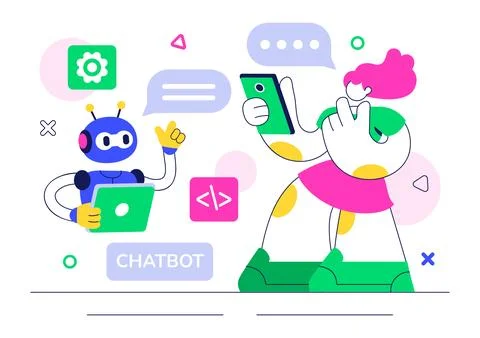 Artificial Intelligence Chatbot Service Illustration Featuring an AI and In.. Stock Illustration