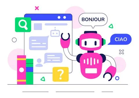 Artificial Intelligence Chatbot Service Illustration Featuring an AI and In.. Stock Illustration