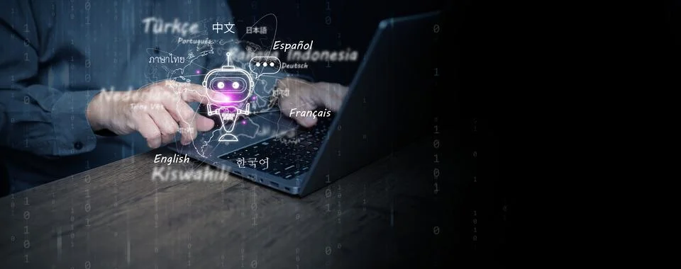 Artificial intelligence chatbot translation concept with businessman on lap.. Stock Photos