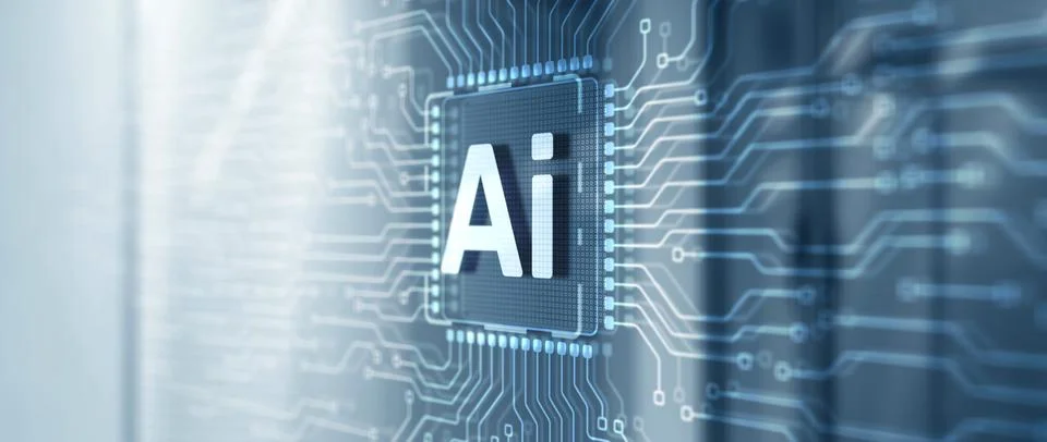 Artificial intelligence chip. Ai chipset on circuit board. Data center Stock Illustration