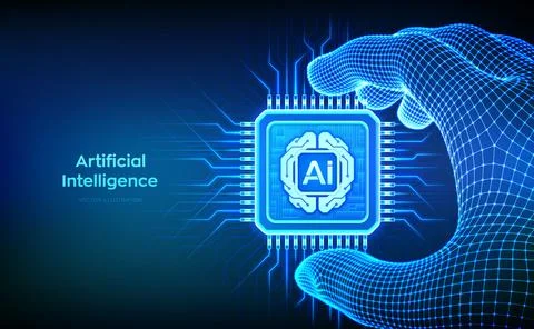 Artificial Intelligence chip with AI digital brain circuit board icon in wire Stock Illustration
