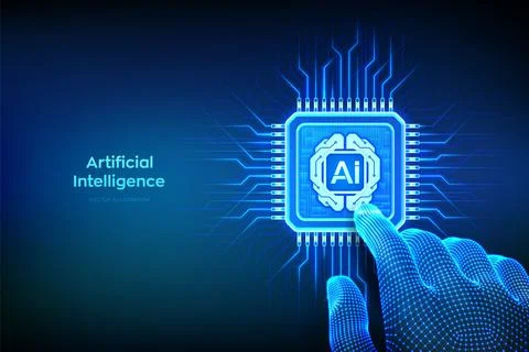 Artificial intelligence chip with AI digital brain icon. Hand pressing CPU mi Illustrazione stock