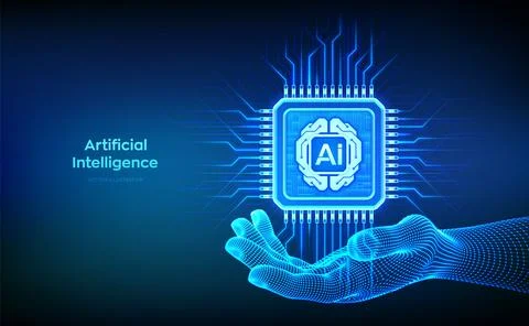 Artificial Intelligence chip with AI digital brain circuit board icon in wire Stock Illustration